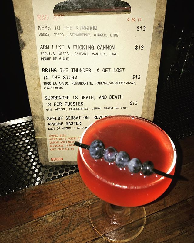 @oldirtyboosh has some tasty cocktails for you in the R&D bar + burlesque and vintage jams all night! #surrenderisdeathanddeathisforpussies #hollywood #losfeliz #bestbarintown #thaitown #fridaynight #burlesque #vintagejams #livemusic #houstonhospitality