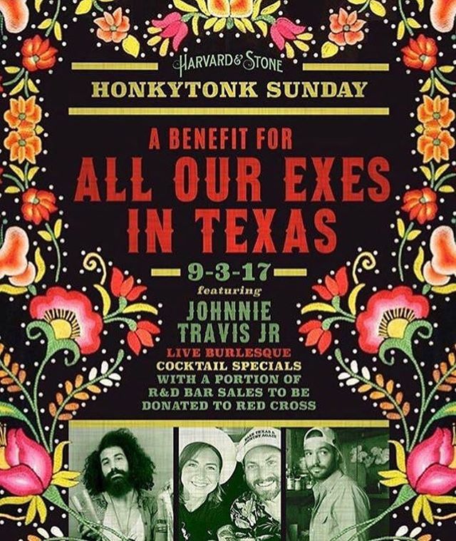 Got a hell of a show tonight, and it's for a great cause. Music, dancers, drinks, and BBQ. For all our Ex's in Texas. Music starts at 10, admission is free!  #whiskeybentandhellbound #harvardandstone #houstonhospitality