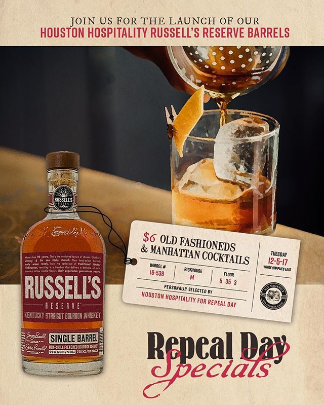 Please join us tomorrow as we celebrate Repeal Day with the launch of our Houston Hospitality Russell’s Reserve Barrels! $6 Old Fashioned & Manhattan Cocktails!

@wildturkey @wildturkey #NoVacancy #NoVacancyLA #CocktailBar #CraftCocktails #Whiskey #Bourbon #RussellsReserve #RepealDay #Prohibition #21stAmendment